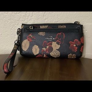 Coach Floral Wristlet Black with Tan & Red Print